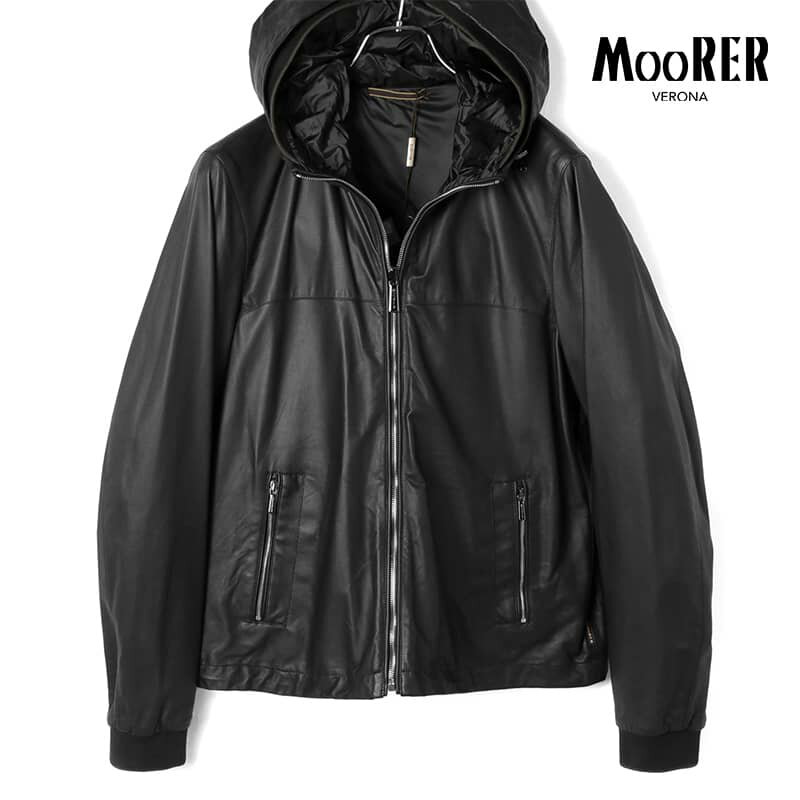 【40%OFF】MOORER / ムーレー｜ナッパレザー×ナイロンリバーシブルフーデッドブルゾン(STILO-LET)｜（NERO）｜ 春夏 レザーパーカー レザージャケット レザーブルゾン メンズ イタリア アウトレット