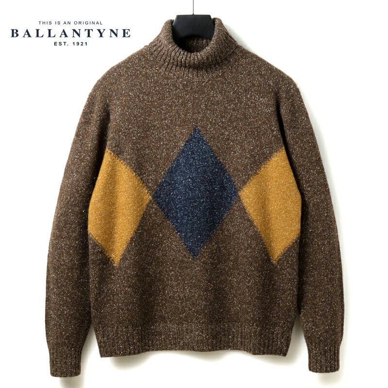 【35%OFF】BALLANTYNE / バランタイン｜アーガイル柄ウールシルクミドルゲージタートルネックニット(B2P215 5W122)｜（メランジブラウン基調）｜ 秋冬 セーター シルク アーガイルニット ダイヤパターン 5ゲージ モンゴル メンズ アウトレット
