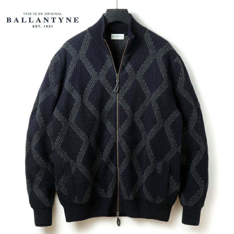 【35%OFF】BALLANTYNE / バランタイン｜ダブルフェイスアーガイル柄リブ編みウールミドルゲージスタンドカラーニットブルゾン(B2K036 7W137)｜（ネイビー×グレー）｜ 秋冬 長袖ニット スタンドカラーニット ニットジャケット ダブルジップ 7ゲージ メンズ アウトレット