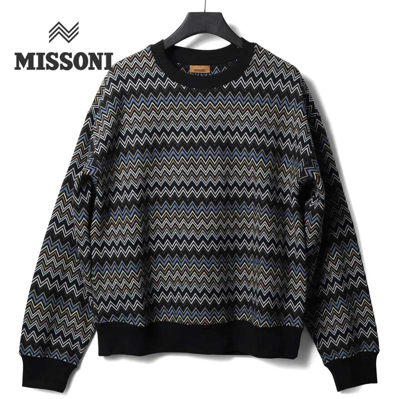 【50%OFF】MISSONI / ミッソーニ｜ジグザグ柄コットンクルーネックスウェットシャツ(US24WW02)｜（ブラック基調マルチカラー）｜ 秋冬 トレーナー 裏起毛 メンズ イタリア アウトレット