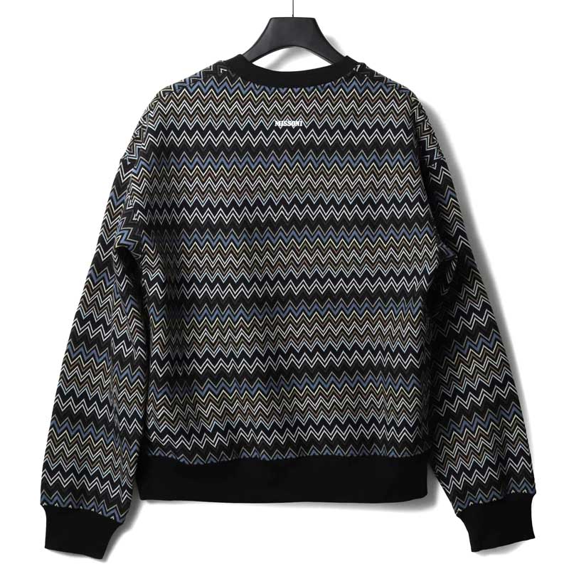 【50%OFF】MISSONI / ミッソーニ｜ジグザグ柄コットンクルーネックスウェットシャツ(US24WW02)｜（ブラック基調マルチカラー）｜ 秋冬 トレーナー 裏起毛 メンズ イタリア アウトレット