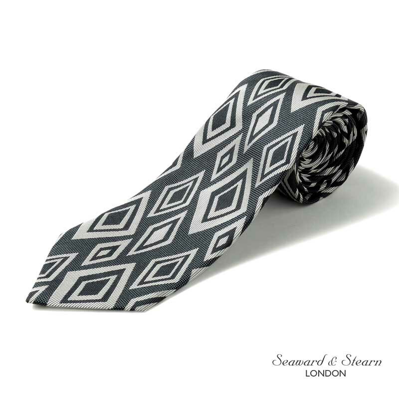 Seaward ＆ Stearn / シーワード＆スターン｜シルクジャカードスクエア柄ネクタイ｜（グレー×シルバー）｜ 【ネコポス対応】/Seaward＆Stearn シルクネクタイ ジオメトリック ビジネス メンズ イギリス アウトレット