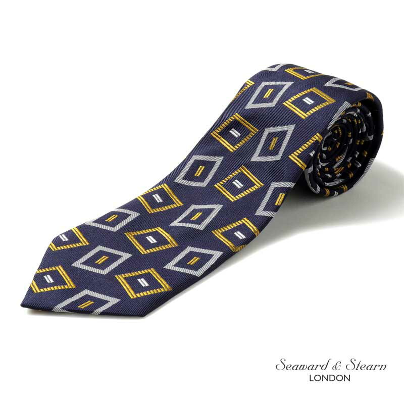 Seaward ＆ Stearn / シーワード＆スターン｜シルクジャカードスクエア柄ネクタイ｜（ネイビー×ゴールド×シルバー）｜ 【ネコポス対応】/Seaward＆Stearn シルクネクタイ ジオメトリック ビジネス メンズ イギリス アウトレット