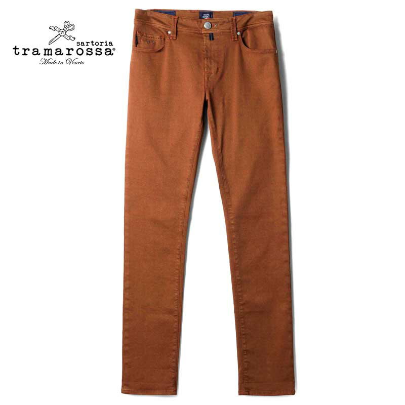 tramarossa / トラマロッサ｜ヘリンボーン柄ウォッシュドコットンスーパーストレッチ5ポケットスリムテーパードパンツ(LEONARDO ZIP)｜（ブリックオレンジ基調）｜ ボトムス 5ポケットパンツ チノパンツ ジャージーパンツ レオナルドジップ メンズ イタリア アウトレット
