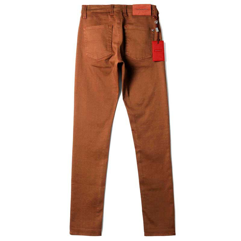 tramarossa / トラマロッサ｜ヘリンボーン柄ウォッシュドコットンスーパーストレッチ5ポケットスリムテーパードパンツ(LEONARDO ZIP)｜（ブリックオレンジ基調）｜ ボトムス 5ポケットパンツ チノパンツ ジャージーパンツ レオナルドジップ メンズ イタリア アウトレット