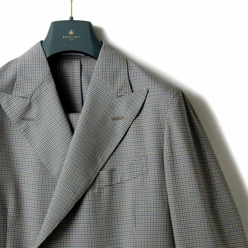 BOGLIOLI / ボリオリ｜ウールトロピカルチェック柄4Bダブルスーツ(DOVER)｜（ベージュ×ブルー×カーキ）｜ 春夏 ドーヴァー ダブルブレストスーツ ビジネス メンズ イタリア アウトレット
