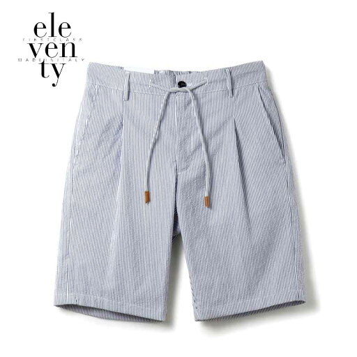 【40%OFF】eleventy / イレブンティ|ポリエステルコットンストレッチシアサッカー1プリーツイージーバミューダショーツ(I75BERG04)|(ホワイト×ネイビー)| 春夏 イージーショーツ ショートパンツ ハーフパンツ 短パン メンズ イタリア アウトレット
