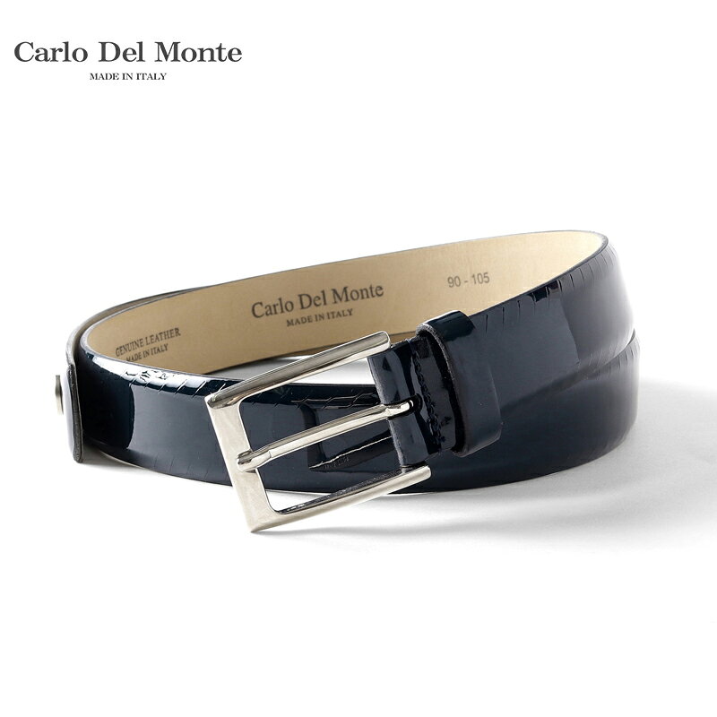 Carlo Del Monte カルロデルモンテ カーフエナメルレザーベルト(J003-01) “ イタリア・パルマのベルト専業メーカー生産の至高の1本です ” Designデザイン イタリア・パルマのベルト専業メーカーが手掛ける、熟練した職人によるハンド仕上げのレザーベルト「J003-01」。 表面をコーティングして強い光沢を出した、エナメルレザーを採用した高級感漂う1本。 バックルがシンプルなデザイン故に、ビジネススタイルにも好相性。 約3cm幅のスマートなつくりなので、幅広いコーディネートに対応。 Material素材・生地感 艶やかで高級感漂う、エナメル仕上げのカーフレザー（牛革) 耐久性・耐水性に優れ、汚れにも強いので使い勝手◎。 バックルは、品よく輝くシルバーバックル(ソリッドブラス)を採用。 Carlo Del Monteカルロデルモンテ イタリア・パルマのベルト専業メーカー「Carlo Del Monte（カルロデルモンテ）」。長年培われた職人技を背景に、上質なレザーと美しい仕立てにこだわったベルトを展開。シンプルで洗練されたデザインは、オン・オフ問わず装いにさりげない高級感を添えます。 その他のアイテムはこちら ＞ Size サイズ（単位：cm） サイズ 対応サイズ全長幅 90 85〜95 107 3 モデル J003-01 状態 新品未使用 素材 本体：牛革 バックル：真鍮 シーズン オールシーズン 色 本体：ネイビー バックル：シルバー 参考価格 ￥24,000（税別） 生産国 イタリア 備考 ブランドタグ付属 ※レザー製品の特性上、若干の小傷やスレなどがある場合があります。予めご了承ください。