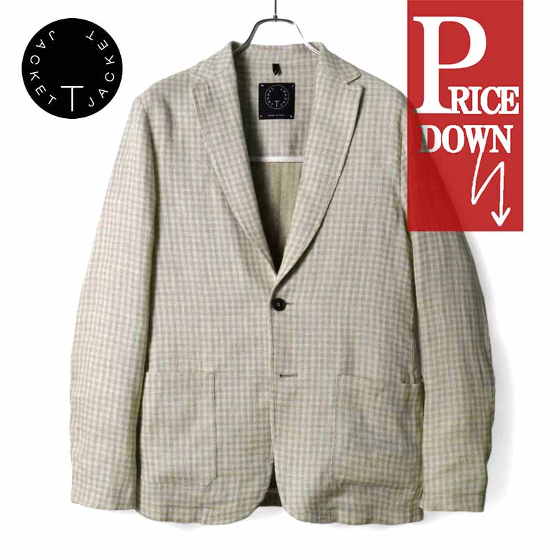 【50%OFF】T-JACKET / ティージャケット|Bottoli社製チェック柄リネンコットンストレッチ2Bジャケット(51G419JR)|(ベージュ基調)| 春夏 T-ジャケット TONELLO トネッロ アンコンジャケット テーラードジャケット シャツジャケット メンズ イタリア アウトレット