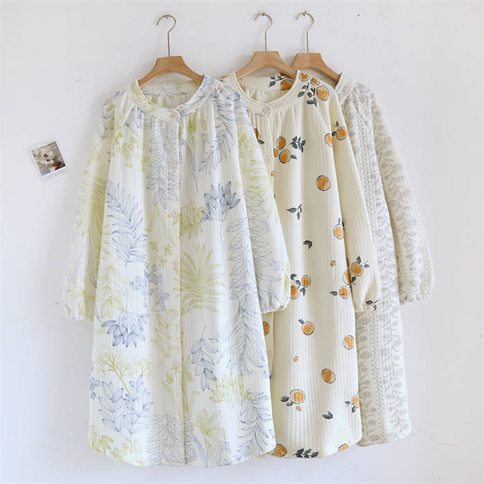 Cotton - 綿 ネグリジェ ルームウエア レディース 立ち襟 長袖 花柄 ワンピース コットンワンピース パジャマ 厚手 前開き ロング ワンピ ルームワンピース 春 秋 冬 可愛い ノー授乳口 寝巻き 寝間着 快適 ホームウェア ナイトウェア ゆったり 空気の層 ナチュラル 送料無料