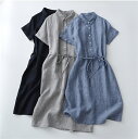 ロングワンピース 春夏 半袖 シャツワンピース レディース 半袖ワンピース スタンドカラーシャツワンピース リネン混ワンピ Vネック 綿麻風ワンピース ナチュラ...