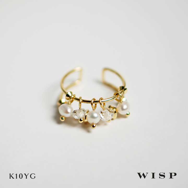 【実店舗あり】イヤーカフ パールイヤーカフ 揺れる ホワイトトパーズ カットボール パール きらきら ゴールド K10 10金 YG イエローゴールド WISP ウィスプ ジュエリー 片耳用 シンプル アクセサリー レディース ギフト プレゼント 上品 きれいめ 大人 日本製
