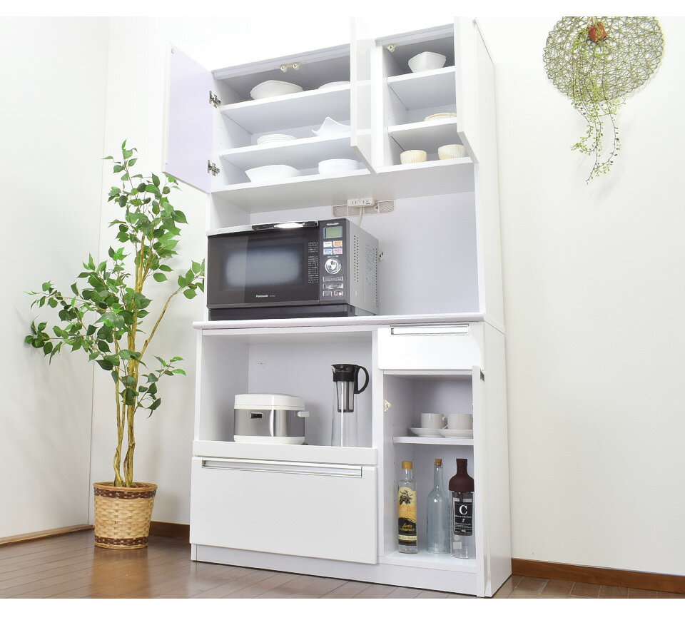 食器棚 幅100cm シート 完成品 大川家具 オープンダイニングボード ホワイト 鏡面 ...