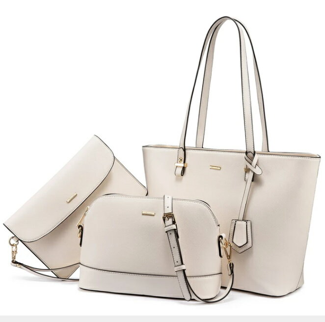 【 LOVEVOOK 】 トートバッグ レディース 大容量 A4 BEIGE ハンドバッグ 白　White ショルダーバッグ トップハンドル サッチェル ハンドバッグセット 3点セット 収納力 利便性 ビジネス フォーマル デイリーユース バッグ 女性用
