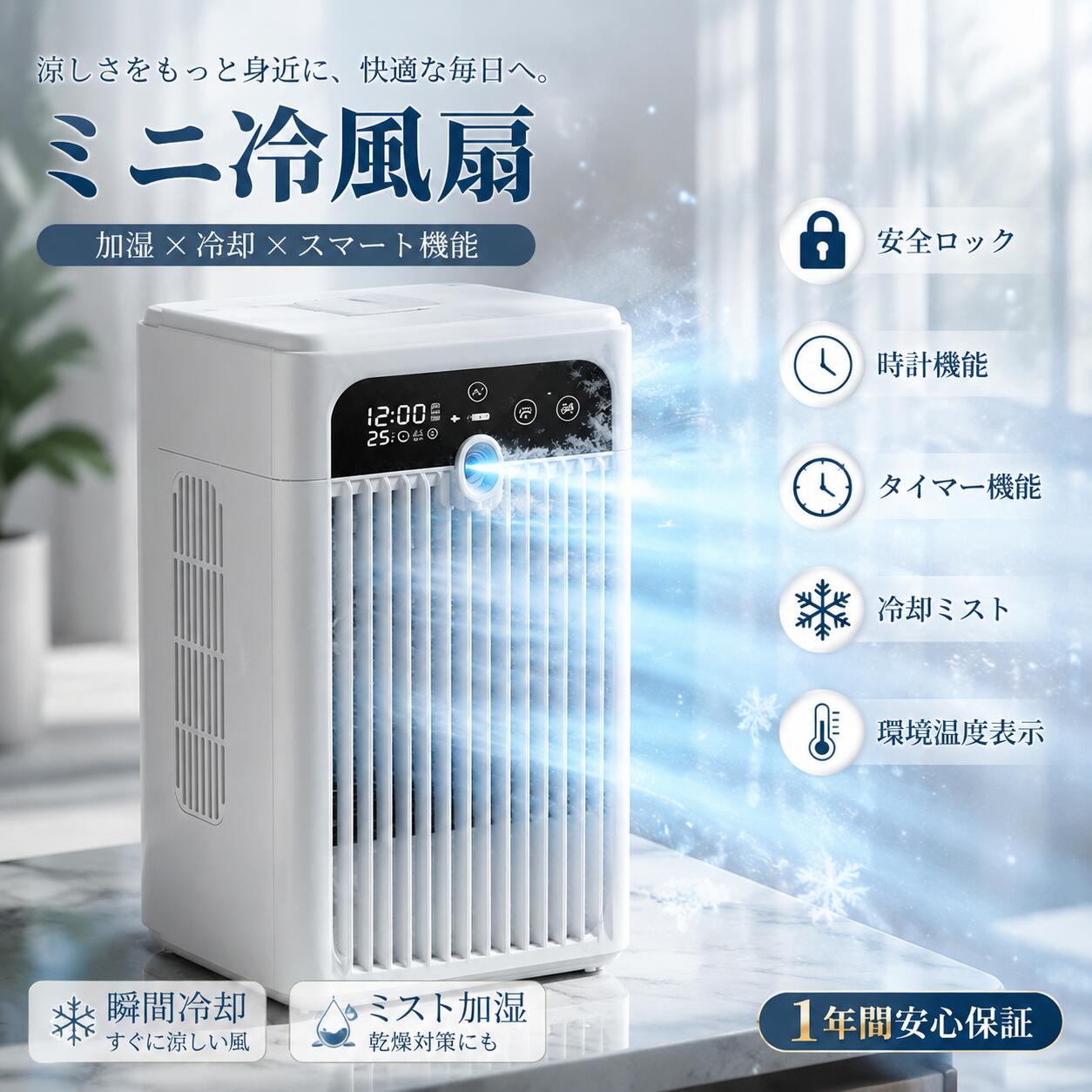 ミニ冷風扇 加湿冷却ファン 涼しい風と潤いミストで 快適な夏時間をサポート ◆ 1台3役の快適冷却 冷風・ミスト加湿・送風機能を搭載。 暑い季節の乾燥や不快感を軽減し、 快適な空間づくりをサポートします。 ◆ ミスト冷却でひんやり快適 細かなミストを放出しながら送風することで、 心地よい涼風を実現。 エアコンが苦手な方や、 デスク周り・寝室などのパーソナルスペースにもおすすめです。 ◆ コンパクトなのにパワフル 省スペース設計ながら、 しっかりとした風量を実現。 卓上やベッドサイドなど、 必要な場所へ手軽に設置できます。 ◆ 便利なスマート機能搭載 🔒 安全ロック機能 誤操作を防止 ⏰ タイマー機能 設定時間で自動OFF 🌡 温度表示 環境温度をリアルタイム確認 💧 ミスト加湿 乾燥対策にも活躍 ◆ 大容量タンク＆長時間使用 約370mlタンク搭載。 頻繁な給水の手間を軽減し、 快適な冷却をサポートします。 ◆ USB Type-C給電対応 USB Type-Cポート搭載で、 パソコン・モバイルバッテリーなど 様々な場所で使用可能。 ◆ こんな場所におすすめ デスク・オフィス 寝室・ベッドサイド リビング キッチン アウトドア・車内 ◆ 商品仕様 商品タイプ ミニ冷風扇・加湿冷却ファン タンク容量 約370ml 給電方式 USB Type-C 風量調節 2段階 重量 約800g ※本製品は室内全体の温度を下げるエアコンではありません。 ※使用環境により冷却効果は異なります。 ※ご使用前に取扱説明書を必ずご確認ください。 メーカー希望小売価格 メーカー希望小売価格はメーカーサイトに基づいて掲載しています メーカー希望小売価格はメーカーサイトに基づいて掲載しています メーカー希望小売価格はメーカーサイトに基づいて掲載しています【2026最新モデル】冷風機 ミスト冷風扇 卓上クーラー 冷却＆加湿 2WAY機能 氷水対応 強力送風 温度表示 タイマー機能 安全ロック搭載 コンパクト冷風機 寝室・リビング・オフィス対応 夏対策 冷却ミスト×潤い加湿で快適な涼しさ。コンパクトなのにパワフル送風、暑い夏の熱中症対策やデスク・寝室で大活躍。 5 ミニ冷風扇 涼しい風と潤いミストで 快適な夏をサポート 1台で「涼風・加湿・送風」 暑い季節のデスクや寝室に。 心地よい冷風とミストで快適な空間へ。 ◆ ミスト冷却機能 微細なミストを含んだ風で、 爽やかな涼しさを実現。 乾燥が気になる季節にもおすすめです。 ◆ コンパクト＆パワフル 省スペース設計で置き場所を選ばず、 オフィス・寝室・リビングなど 様々なシーンで活躍します。 ◆ 便利なスマート機能 🔒 安全ロック 誤操作防止 ⏰ タイマー機能 設定時間で自動OFF 🌡 温度表示 環境温度を確認 💧 370mlタンク 給水の手間を軽減 ◆ USB Type-C対応 USB Type-C給電で、 パソコンやモバイルバッテリーなど 様々な場所で使用できます。 ◆ 商品仕様 商品名 ミニ冷風扇 タンク容量 約370ml 風量調節 2段階 給電方式 USB Type-C 重量 約800g ※本製品はエアコンではありません。 ※使用環境により冷却効果は異なります。 ※ご使用前に取扱説明書をご確認ください。