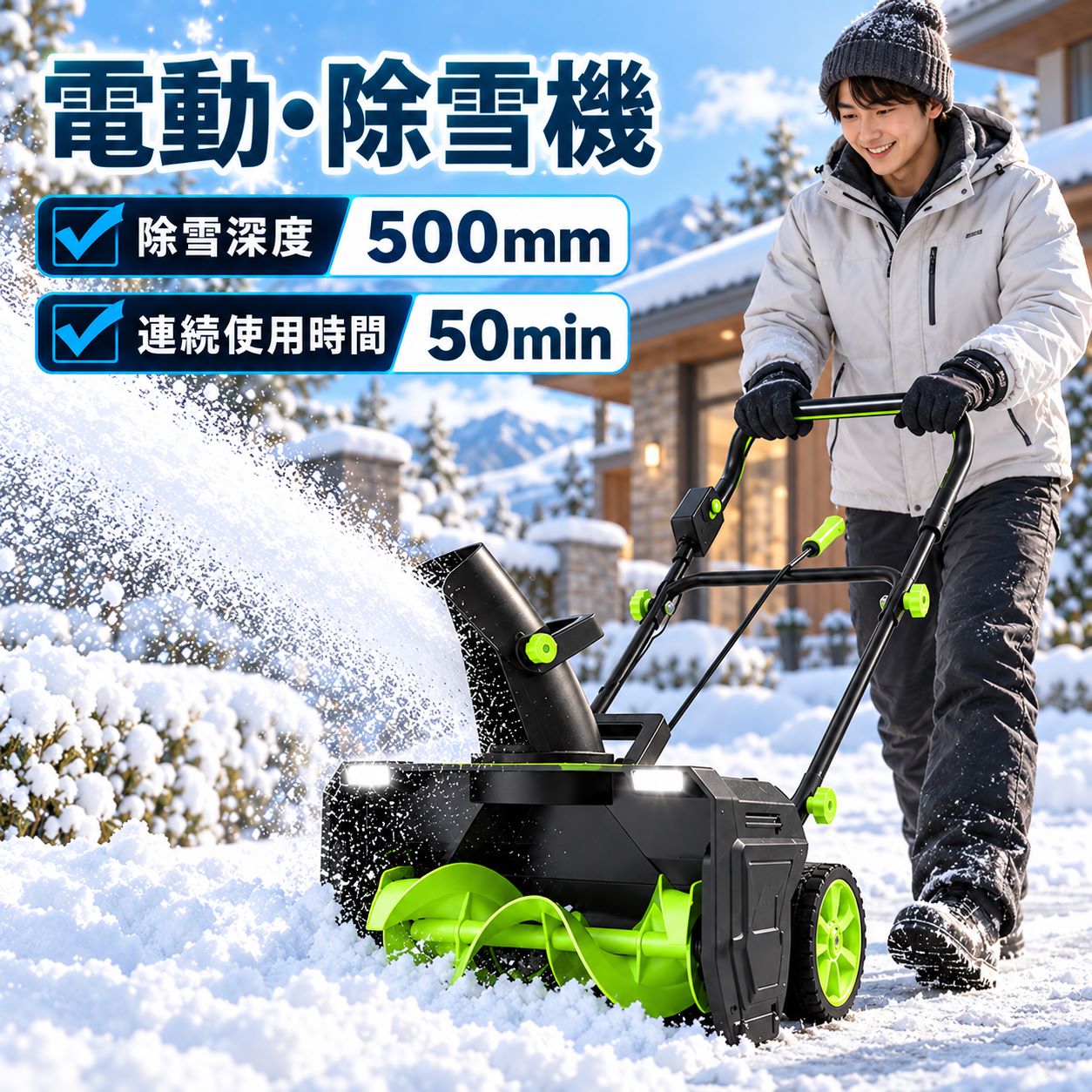 商品情報【仕様】電池数量: 2個(オプション)材質: ABS電圧: 40V、50/60Hz速度: 3500rpm掃引幅: 50cm掃引深さ：25cm商品重量: 12kg商品寸法：約54x52.5x40.5cm【高効率除雪性能】この電動除雪機は、50cmの除雪幅と25cmの除雪深さで、大部分の積雪を効率的に取り除くことができます。家庭用に最適な除雪機として、道路や車道、小規模な商業施設、学校、住宅地など、あらゆる環境に対応します。従来の手動スコップや除雪スコップ 電動と比較して、電動除雪機 スコップは作業効率を大幅に向上させ、時間と労力を節約できます。電動除雪機を使用することで、広範囲の除雪作業も簡単にこなせます。【180°可調整吹雪方向】この電動除雪機は、180°の吹雪方向調整機能を搭載しており、除雪した雪を簡単に指定した場所に飛ばせます。手動で方向を調整する手間を省き、便利な電動スコップ機能で作業がスムーズになります。除雪機 電動ならではの操作性で、除雪機を何度も移動することなく、正確に雪を飛ばせるので、家庭用除雪機としても非常に便利です。【軽量 &amp; 使いやすい設計】軽量でコンパクトなデザインにより、小型除雪機として、女性や高齢者でも簡単に操作できます。除雪機 家庭用に最適な設計で、電動除雪機 スコップのような簡単な操作で、誰でも手軽に使えます。電動スコップとしても、非常に効率的に作業ができます。人間工学に基づいたハンドル設計で、長時間使用しても疲れにくく、作業が快適です、わずか12.15kgの軽量ボディにより、作業中や収納時の移動も簡単。女性や高齢者でも扱いやすい優れた携帯性を備えています。操作が簡単な手押しタイプ、手押しで操作できるシンプルなデザイン。初心者から経験者まで、誰でも直感的に扱える設計で、体への負担を最小限に抑えます。【急な雪にも迅速対応】コンパクトで軽量な設計により、急な積雪でもすぐに取り出して使用可能。素早く状況に対応できます。家族全員で使いやすいデザイン、簡単操作で家族みんなが使いやすい設計。日々の除雪作業を家族で分担し、効率的に進められます。シンプルなメンテナンス、使用後のメンテナンスも簡単。ロータリー部分を軽く拭くだけで清潔を保ち、長期間快適に使用可能です。雪国の冬を快適に、日々の雪かきの負担を大幅に軽減する電動除雪機は、雪の多い地域での生活を快適にします。一度使えば手放せません。【大容量リチウムバッテリー &amp; 高性能この電動除雪機】コードレスは、充電式のリチウムバッテリーを搭載し、3500Wの強力な出力を提供します。除雪機 充電式で、バッテリー1回の充電で長時間使用でき、ガソリン不要でクリーンに使用できます。電動除雪機は、ガソリン駆動式の除雪機よりも低騒音で、環境にも優しいです。大容量バッテリーを搭載しており、広範囲の除雪作業にも対応可能です。家庭用から小規模な商業施設まで幅広いニーズに応えます。暗い時間帯の作業も安心の双LEDライト付き】この電動除雪機は、双LEDライトを搭載しており、夜間や暗い場所でも道をクリアに照らします。最大7.6mの射程距離で、広範囲の除雪が可能です。さらに、除雪スコップ 電動と電動除雪機 コードレスの機能により、積雪や砂を効率的に掃除できます。2つのバッテリーが付属し、長時間の使用が可能。電動除雪機として、低騒音設計で周囲への影響を最小限に抑え、どんな場所でも使用できます。【誰でも扱いやすい手押しタイプ】自走式ではない手押しタイプなので、ご自身のペースでゆっくりと作業を進められます。適度な重量が安定感を生み、軽い力でまっすぐ押し進めることができます。【安心安全設計】PSE認証済みで品質保証。安全起動装置（ダブル操作式）で誤作動を防止。作業中にハンドルを離すと即停止。過負荷保護機能搭載で、最大48時間連続稼働も可能です。【2026新登場】除雪機 電動除雪機 コードレス除雪機 充電式 手押し式 小型 家庭用 除雪幅50cm 除雪高25cm 最大投雪距離7.6m LEDライト 安全スイッチ 大容量バッテリー 軽量 雪かき 電動スコップ 除雪器具 玄関 庭 駐車場 除雪機 180°投雪方向調整 電動除雪機 自走式 家庭用 簡単操作 新雪・ベタ雪もラクラク除雪 軽量 静音 充電式 環境にやさしい 除雪用品 雪かき 玄関 庭 駐車場の除雪・清掃に 5