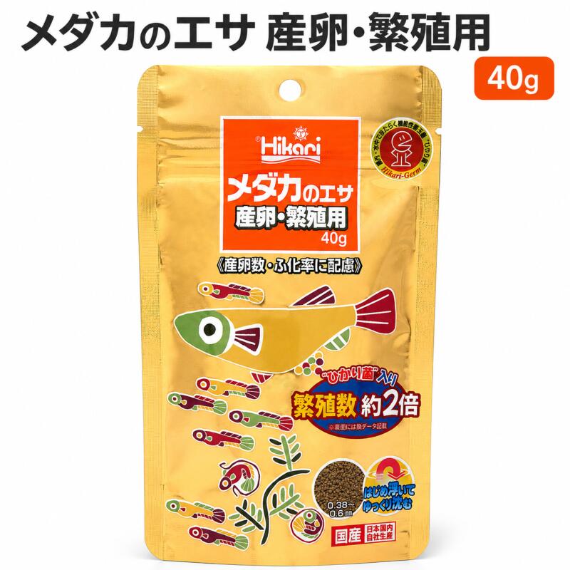 キョーリン ヒカリ 飼育教材 メダカのエサ 産卵繁殖用 40g (2袋) ひかり菌入りメダカ専用ハイカロリー飼料 メダカの産卵数や卵のふ化率に配慮して、高度不飽和脂肪酸やリン脂質を強化配合したひかり菌入り飼料。 親メダカの体格で卵の数や質が変化します。毎日のように卵を産むメスの親メダカをしっかりと育てるため、高タンパク、高脂肪のハイカロリーな配合としました。 生きたひかり菌がメダカの腸内バランスを整えます。またエサ粒を消化吸収しやすい状態に分解。メダカの成長に必要な栄養分を十分に吸収利用できるようになります。 産卵数に有利な粒サイズを追求。やや大きめの粒がメダカの健康的な繁殖をサポートします。 商品情報 メーカー名キョーリン ブランドヒカリ 販売者ウィズペットストア住所：愛知県一宮市赤見4丁目6-7 -A101 広告文責ウィズペットストア電話:0586-83-1511