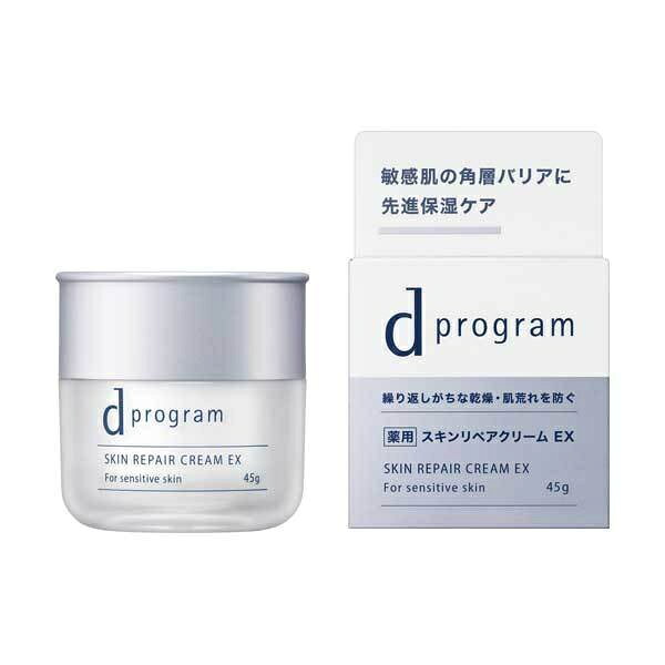d programは不安定な美肌バリア機能を「守り」「整え」「保つ」スキンケアブランドです。うるおいをとどめて守り乾燥・肌荒れを防ぐクリームうるおいを長時間とどめて守り乾燥・肌荒れを防ぐ先進保湿ケア。角層バリアに徹底アプローチ。角層バリアのうるおいを守り、健やかに整える。キシリトール（保湿保護）＋ナイアシンアミド（うるおい保護）配合。うるおいを与え、肌環境を整える。薬用有効成分が炎症を抑え、肌荒れを防ぐ。＜敏感肌のための低刺激設計＞○敏感肌でも使える厳選成分を使用○厳しい衛生基準で製造(クリーン製法)○アルコール無添加（エチルアルコール）○パラベン（防腐剤）無添加○無香料○無着色○弱酸性○敏感肌の方のご協力によるパッチテスト済み○スティンギング（皮ふ刺激感）テスト済み（ピリピリ・ヒリヒリといった使用直後の刺激感を確かめるテストです）○アレルギーテスト済み○ニキビのもとになりにくい処方（すべての方にアレルギーや皮ふ刺激がおきない、また、ニキビができないわけではありません。）＜使用方法＞●朝・夜のお手入れの最後に、指先にパール粒1コ分を目安にとり、顔全体にやさしくなじませます。●かさつきや乾燥が気になる部分には重ねづけしてください。●とくにデリケートな部分にお使いになるときは、肌を強くこすらないよう、軽くおさえるようにしてなじませます。＜使用上の注意＞◇ご使用後は容器の口もとをきれいに拭き、必ずキャップをきちんと閉めてください。◇レフィルの固定やキャップの開閉がきちんとできなくなった場合は、本体ごとお求めください。◇日のあたるところや高温のところに置かないでください。◇直射日光にあたってお肌に異常があらわれたときは、ご使用をおやめください。＜成分＞トラネキサム酸*，グリチルリチン酸ジカリウム*，キシリット，酵母エキス（3），アルテロモナス発酵エキス，ニコチン酸アミド，ヨモギエキス（2），植物性スクワラン，エクトイン，トウキエキス（1），オドリコソウエキス，精製水，1，3?ブチレングリコール，濃グリセリン，ジプロピレングリコール，2?エチルヘキサン酸セチル，ベヘニルアルコール，α?オレフィンオリゴマー，硬化油，アジピン酸ジグリセリル混合脂肪酸エステル，テトラ2?エチルヘキサン酸ペンタエリトリット，ポリオキシエチレン（14）ポリオキシプロピレン（7）ジメチルエーテル，メチルポリシロキサン，ポリオキシエチレンベヘニルエーテル，カルナウバロウ，バチルアルコール，ワセリン，ポリエチレングリコール1500，無水ケイ酸，架橋型N，N?ジメチルアクリルアミド?2?アクリルアミド?2?メチルプロパンスルホン酸ナトリウム共重合体，トリメチルシロキシケイ酸，N?ステアロイル?N?メチルタウリンナトリウム，クエン酸ナトリウム，メタリン酸ナトリウム，サクシノグルカン，クエン酸，ピロ亜硫酸ナトリウム，サイコエキスBS，フェノキシエタノール *は「有効成分」無表示は「その他の成分」※商品の改良や表示方法の変更などにより、実際の成分と一部異なる場合があります。実際の成分は商品の表示をご覧ください。JAN4514254232491メーカー株式会社 資生堂生産国日本製区分医薬部外品広告文責株式会社オール企画連絡先電話番号 03-5295-0083※沖縄県宛のご注文は承っておりません。キャンセルにて対応させて頂きます。※パッケージデザイン等は予告なく変更されることがあります。※モニターの発色によって色が異なってみえることがございます。