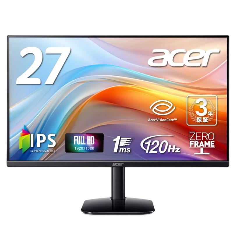 Acer モニター 27インチ フルHD 非光沢 IPS 120Hz 1ms(VRB) sRGB 99% AdaptiveSync HDMI 1.4 ミニD-Sub 15ピン スピーカー・ヘッドフォン端子搭載 VESAマウント対応 ゼロフレームデザイン