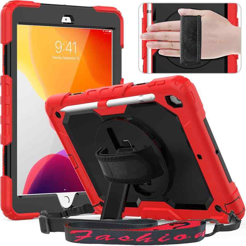 Timecity iPad 10.2 ケース (iPad 第9世代/第8世代/第7世代 ケース 2021/2020/2019型) 保護シール内蔵 360度回転の折り畳スタンド 肩紐 ハンドストラップ付き ペン収納 頑丈 丈夫 ゴツイ 耐衝撃 操作簡単