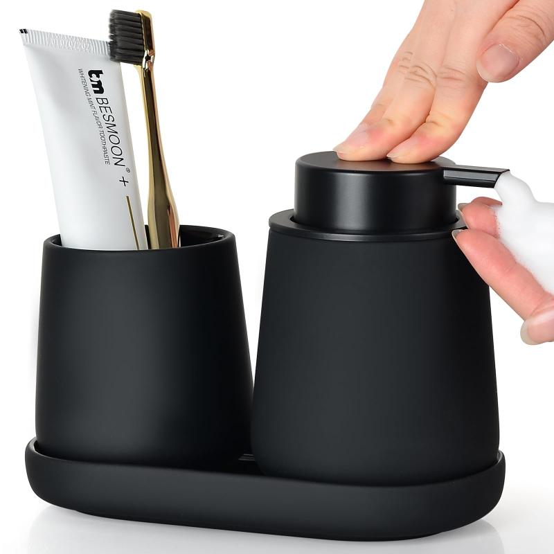 Umlaca ソープディスペンサー 3点セット 陶器 泡ハンドソープディスペンサー 手動、収納トレイ、歯ブラ..