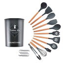 shumeifang キッチンツールセット シリコン 木製 11点セット 調理器具 製菓器具 トング 泡立て器 スパチュラ フライ返し おたま スプーン レードル パスタサーバー 黒(3)
