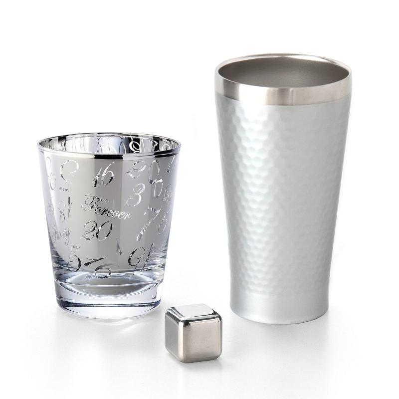 Dolce duo タンブラー グラス (3点セット) ビールグラス ロックグラス 保温 保冷 ステンレス ガラス 真空断熱 二重構造 アイスキューブ付 溶けない氷 ギフトセット (包装なし) GR-1596(3)