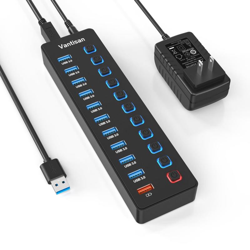 vantisan USBハブ 電源付き USB3.0ハブ 10ポートの 拡張+ 1充電ポート セルフパワー/バスパワー USB Hub 5Gbps高速データ伝送 USB3.0 拡張 独立スイッチ付き 5V/4A ACアダプタ付き Android/Wind