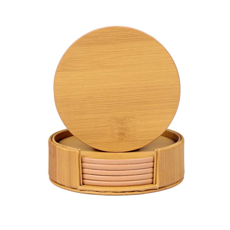 (pont du monde) コースター 大理石柄 PUレザー おしゃれ エレガント (収納ケース付き 6枚セット 円形 竹柄)