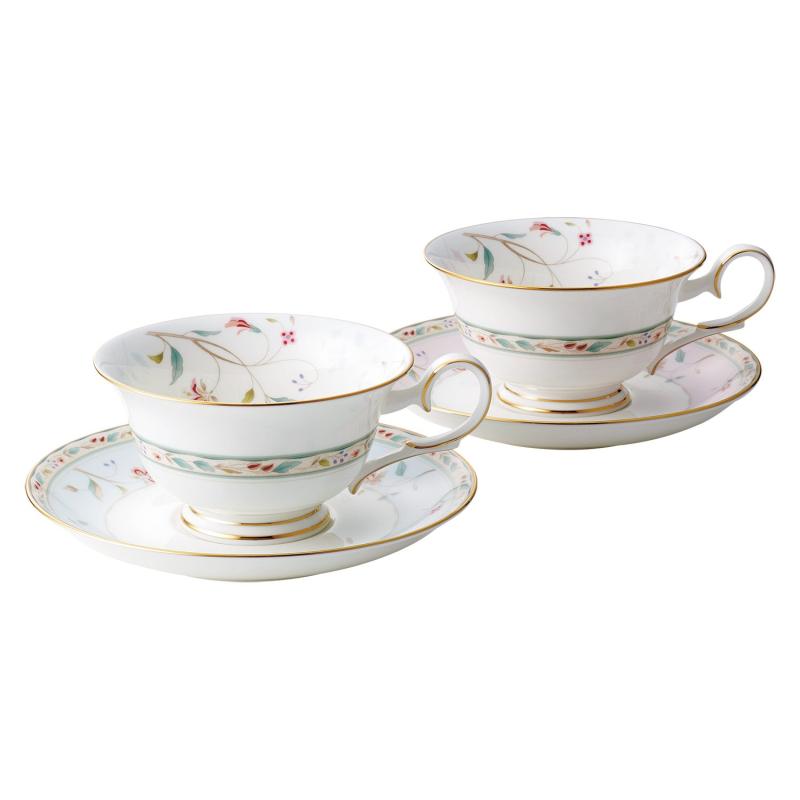 Noritake ノリタケ カップ & ソーサー ( 色変り ペアセット ) ( コーヒー ティー 兼用) 215cc 花更紗 2客 ピンク ・ ブルー ボーンチャイナ P50717A/4409-56