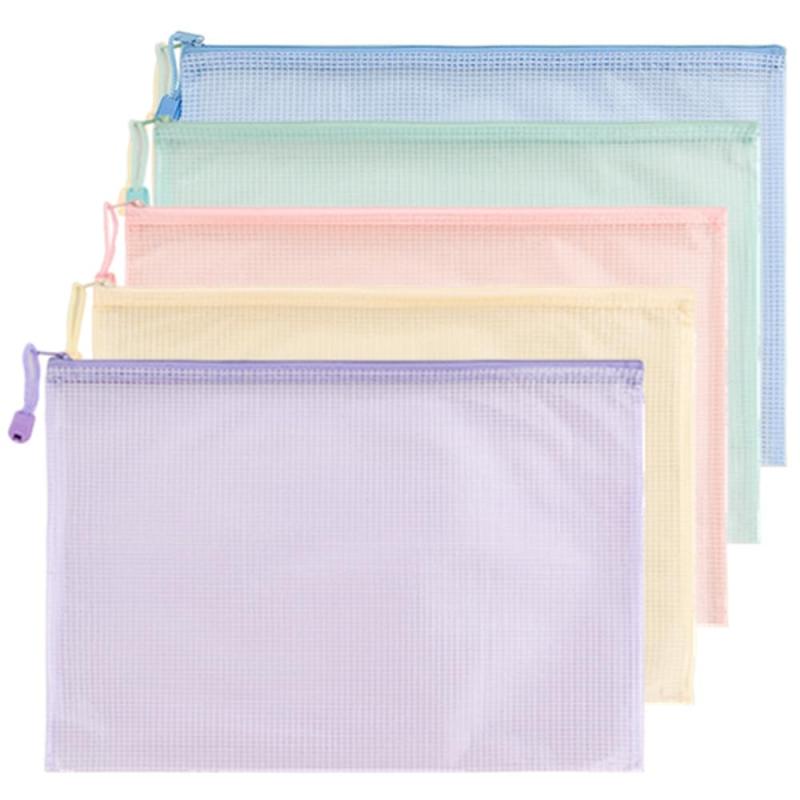 Granmagazzジッパー式ファイル袋 5個入りセット クリアファイル A4 多色セット メッシュケース 連絡袋 小学生用