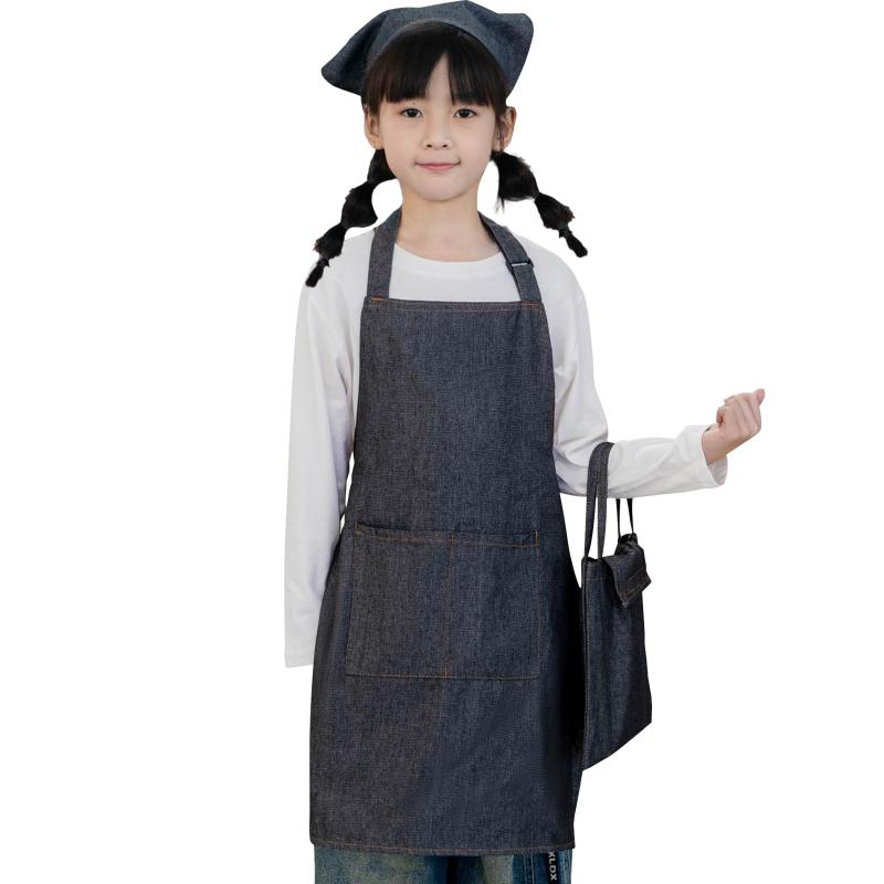 [cozycube] エプロン子供用 キッズ用エプロン 三角巾 巾着バッグセット デニム しわになりにくい 汚れ..