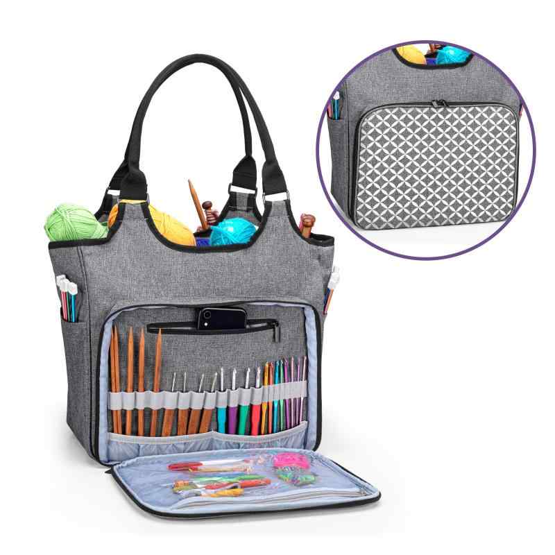 Yarwo 編み物用トートバッグ 毛糸収納バッグ 棒針 かぎ針 編み物用品 まとめて収納(グリッド付きグレー)