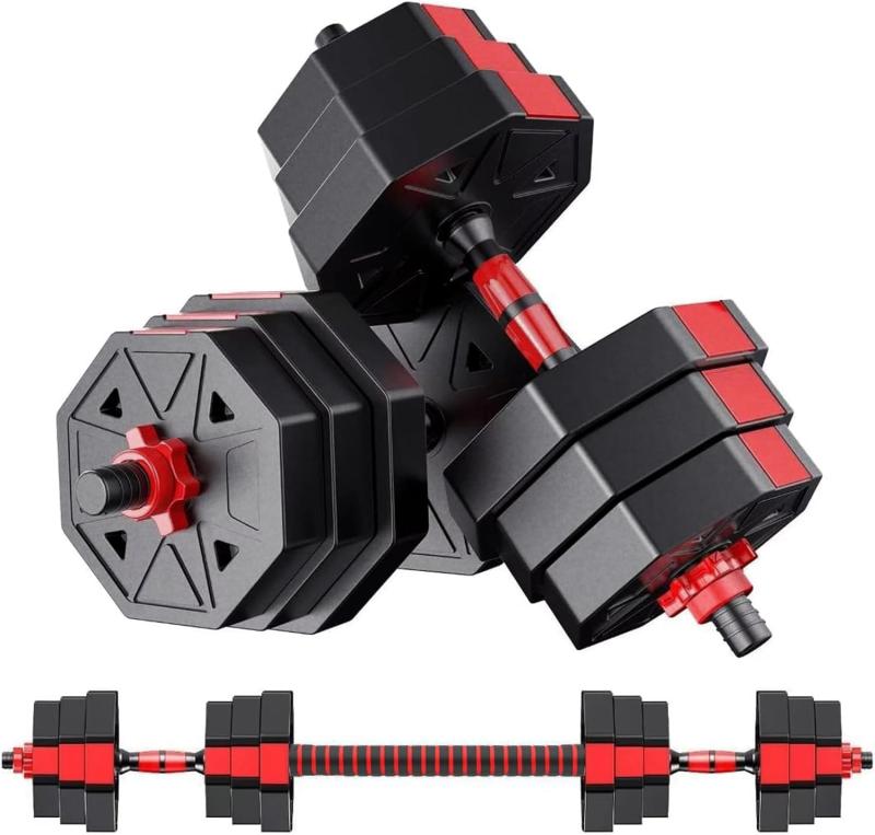 【ダンベル 可変式 3in1】10kg 20kg 30kg 40kg 2個セット バーベルにもなる ダンベル アジャスタブル 重量調節 無臭素材 静音 八角形 ダンベル 回らず 高い安全性 BJ (赤，10kg ×2)