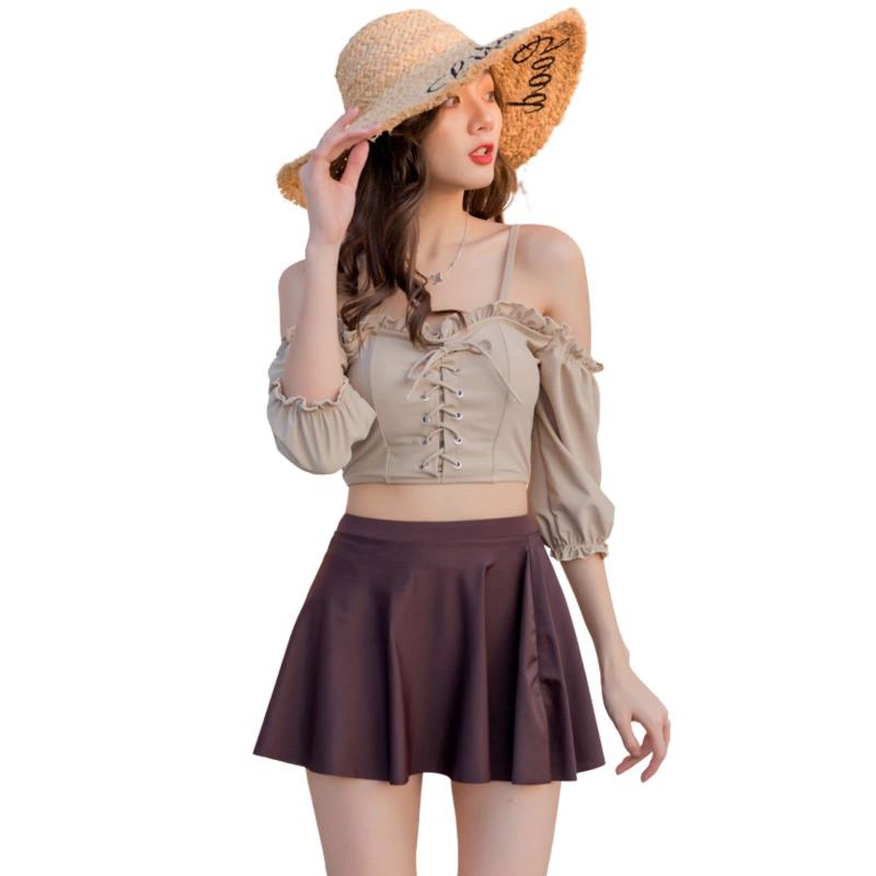 水着 レディース ビキニ オフショルダー ビスチェ風 3点セット 2way レースアップ水着 タンキニ ハイウ..