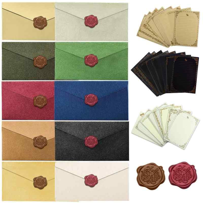 レターセット封筒 10色 便箋 24枚 手紙 おしゃれ クラフト用紙 アンティーク調 シーリングシール 手紙セット 便箋と封筒 おしゃれ てがみ シンプル プロポーズ用手紙 招待状 結婚式 お祝い手