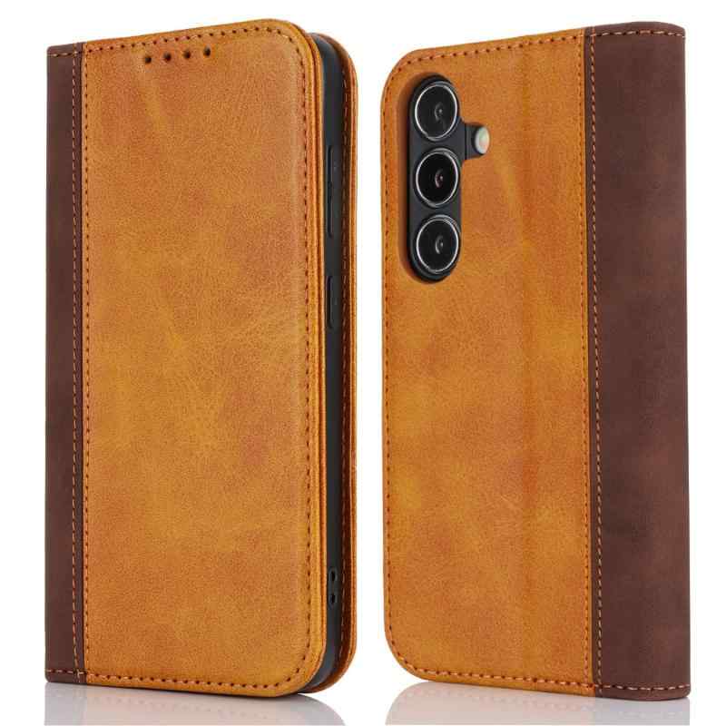 Havaya Galaxy S24 ケース ギャラクシーs24 ケース SC-51E ケース 手帳型 SCG25 au ドコモ サムスン 耐衝撃 SC51E カバー SoftBank カード収納 スタンド機能 フェイクレザー-イエロー+ブラウン