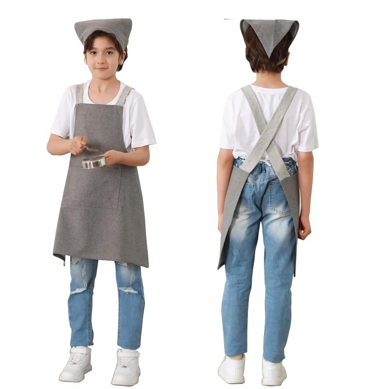 [JIAHU] エプロン 子供 キッズ 子供エプロン 男の子 女の子 被るだけ 子供用エプロン 三角巾 セット 小学生 中学生 三角巾セット リネン 子ども おしゃれ 可愛い 着脱簡単 (ダークグレー, M(130-1