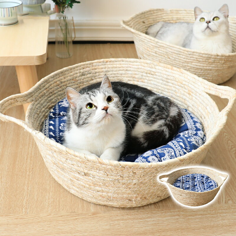 猫 ベット　猫用品 春夏用 涼しい 手編み 蒲草 手作り　ペットベッド 清潔 快適　天然素材 通気性