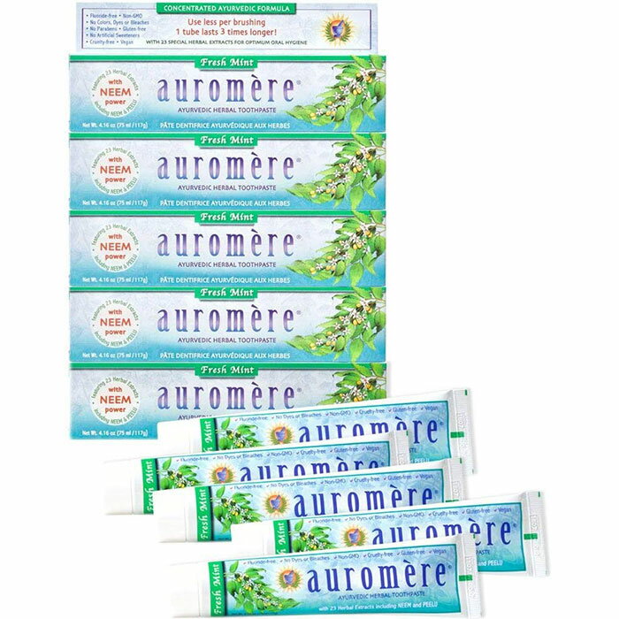 お得な5本セット！フレッシュミント　ビーガン歯磨き粉　auromere アーユルヴェーダ ハーバル　 117g　Auromere Ayurvedic Herbal Toothpaste, Fresh Mint