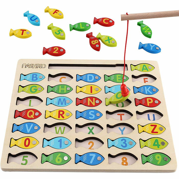 好奇心旺盛な幼児に喜ばれる！NASHRIO　木製　マグネット　英才教育　魚釣りゲーム　アルファベット＆ナンバー　36個　　Magnetic Wooden Fishing Game Toy for Toddlers, Alphabet Fish Catching Counting Games Puzzle with Numbers and Letters