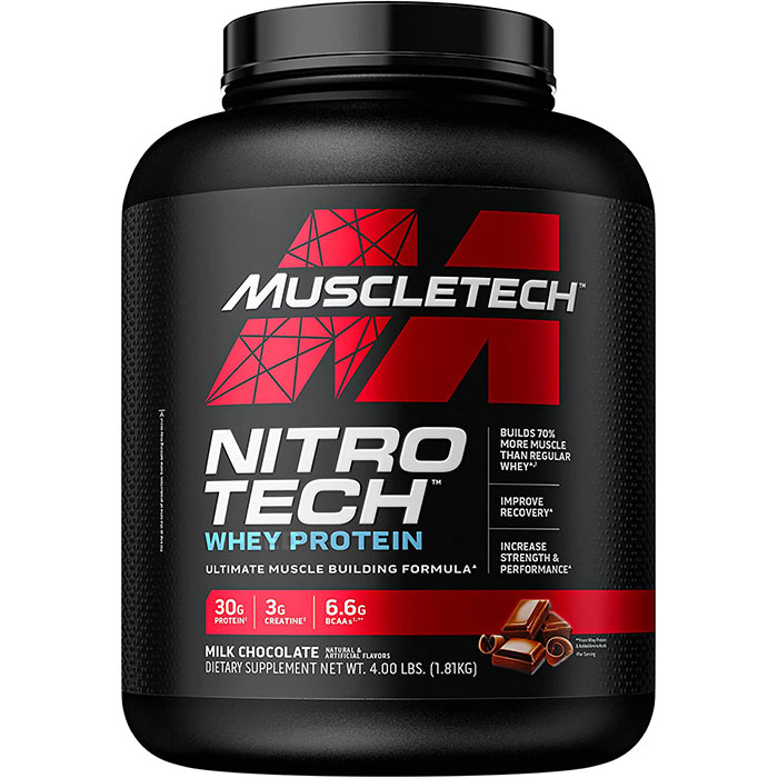 マッスルテックニトロテック　ホエイプロテインパウダー 　強力タンパク質　ミルクチョコ味　4LB（1.81KG）　Whey Protein Powder | MuscleTech Nitro-Tech Whey Protein
