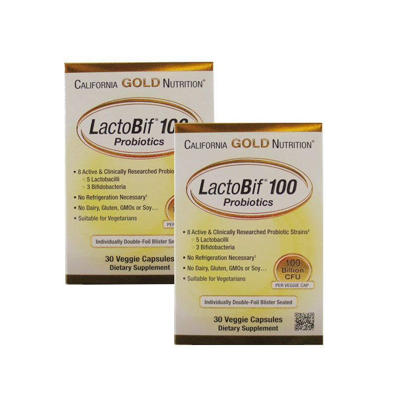 【商品について】 内容量：California Gold Nutrition・LactoBif　100 Billion CFU（ラクトビフィ）プロバイオティクス　30カプセル×2パック アメリカベストセラー　カリフォルニアゴールドニュートリション　プロバイオティクス株　30カプセル入り、2箱セット　合計60カプセルになります。 中のパウダーをジュースなどに混ぜてのむこともできます。 密閉式パッケージで酸素・水分・光などから製品を保護していますので冷蔵の必要はありません。 推奨の飲み方：1日1カプセルをお水と一緒に摂取して下さい。 【成分】※必ず画像の成分表を確認してください。 主な成分はプロバイオティクス細菌ブレンドその他の成分微結晶性セルロース、変性セルロース（ベジカプセル）、二酸化ケイ素（シリカ）、ステアリン酸マグネシウム（非遺伝子組み換え植物由来）この製品は、牛乳、卵、魚、甲殻類の貝、木の実、ピーナッツ、小麦、大豆、ごままたはグルテンを使用して製造されていません。 【使用上の注意】 ・個人輸入になりますので、必ず成分表をご確認いただき自己責任の下、ご購入下さい。 ・副作用、他の医薬品との飲み合わせなどがありますので事前に成分など注意事項を確認してからご購入ください。 ・その他の栄養補助食品や処方箋薬等を服用している方・妊娠中や授乳中の方は必ず医者や医療専門家に相談してから自己責任の下、ご購入ください。 ・18歳以上の健康な成人のみが摂取することを目的としている商品も販売しておりますので事前に確認ください。 ・本製品に副作用が生じた場合は、直ちに使用を中止し、医師にご相談ください。 ・こどもの手の届かない場所に保管してください。 ・栄養補助食品に関する声明はFDAによって評価されておらず、病気や健康状態を診断、治療、治癒、または予防することを目的としたものではありません。 【注意事項】 当店でご購入された商品は、原則として、「個人輸入」としての取り扱いになり、すべてロサンゼルスからお客様のもとへ直送されます。 商品の配送手続きのために、米国の事業者へお客様の注文情報が提供されます。注文情報の提供について同意いただいた上でご注文ください。 米国の個人情報保護法制等について確認する場合は、こちらをご確認ください ご注文後、5営業日以内に配送手続きをいたします。配送作業完了後、1週間～10日程度でのお届けとなります。 個人輸入される商品は、すべてご注文者自身の「個人使用・個人消費」が前提となりますので、ご注文された商品を第三者へ譲渡・転売することは法律で禁止されております。 関税・消費税が課税される場合があります。詳細はこちらをご確認下さい。 当店は本店になりますが、姉妹店との在庫を連携しております。万が一、注文が重なり、品切れが生じる場合は大変恐れ入りますが、キャンセルとさせていただきますので予めご了承くださいませ。 メーカーにより、パッケージデザイン等は予告なく変更されることがありますのであらかじめご了承ください。また発送後のキャンセルは受け付けておりません。