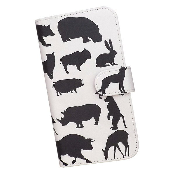 arrows We F-51B/FCG01/A101FC 用 スマートフォンケース スマホ カバー スマホケース 手帳型 プリントケース 動物 モノトーン シルエット サファリ ウサギ サル ゾウ(067)