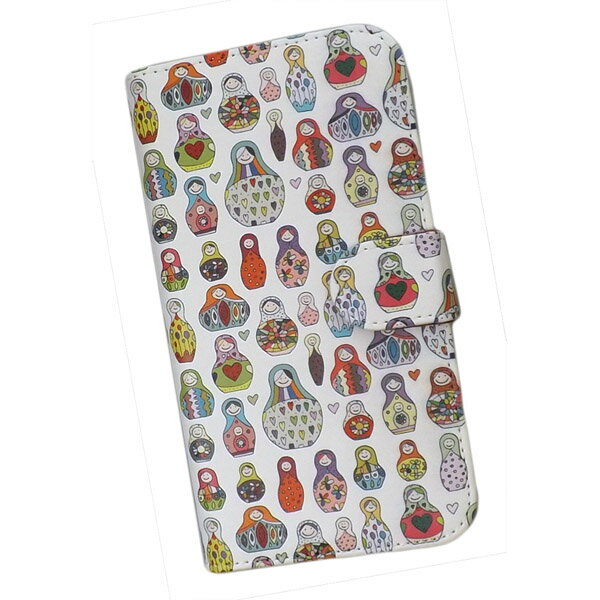 スマホケース 手帳型 全機種対応 プリントケース マトリョーシカ パターン画 ハート 花(163)