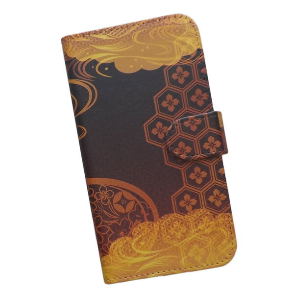 らくらくスマートフォン F-01L/F-42A 用 スマートフォンケース スマホ カバー スマホケース 手帳型 プリントケース 和柄 花柄 波 菊 松 梅 桜 亀甲 金色(526)