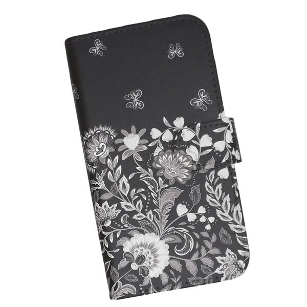 スマホケース 手帳型 全機種対応 プリントケース 花 花柄 蝶 モノトーン(648)(2.0)