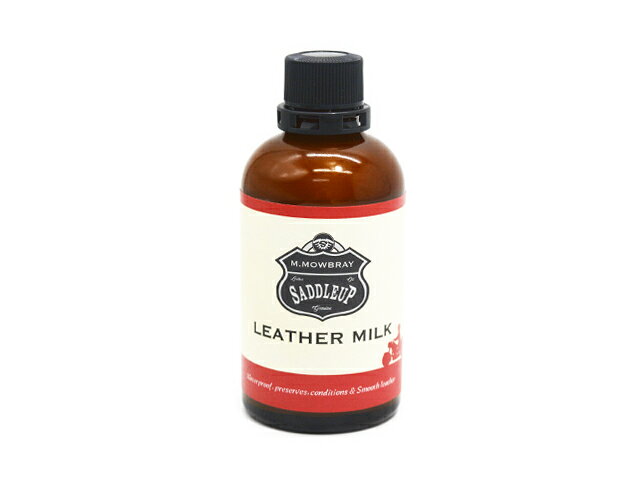 ギフト対応【Leather Milk】 商品詳細 【SADDLEUP by M.MOWBRAY/サドルアップバイM.モゥブレィ】の「Leather Milk/レザーミルク」になります。 【SADDLEUP/サドルアップ】は、革ジャン・ブーツ愛好家に向けた、M.MOWBRAYが展開する日本発の本格レザーケアブランドです。 皮革に「栄養」を与え、光沢感を出す、ローションタイプのケアアイテムです。 カルナバワックス、蜜蝋、ラノリン、ホホバオイル、シアバターなど、天然成分をふんだんに配合。 浸透性、保湿性にすぐれ、光沢感のある仕上がりが特徴です。伸びもいいので少量でも効果が得られベタつきなく快適にお使いいただけます。 【品番：2146】 【容量：100ml】