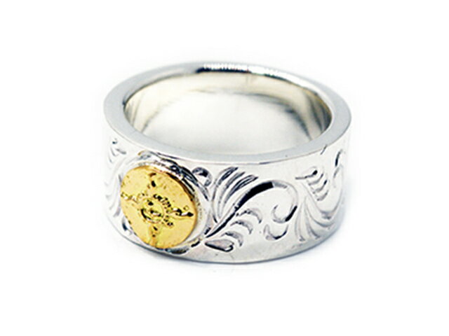 【FIRST ARROW's/ファーストアローズ】「Flat Hammered 12mm Arabesque Carving Ring with K18/K18付き平打12mmカラ草彫りリング」(R-005)(ネイティブ/インディアン/ジュエリー/シルバー/アメカジ/ハーレー/アクセサリー/プレゼント/WOLF PACK/ウルフパック)
