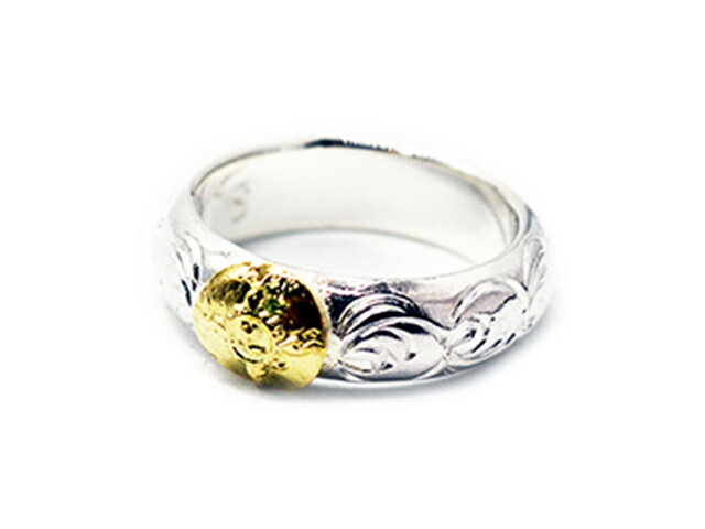「Semicylinrical Arabesque Carving Ring with K18/K18付き甲丸カラ草彫りリング」(R-009)(ネイティブ/インディアン/ジュエリー/シルバー/ゴールド/アメカジ/ハーレー/アクセサリー/プレゼント/WOLF PACK/ウルフパック)